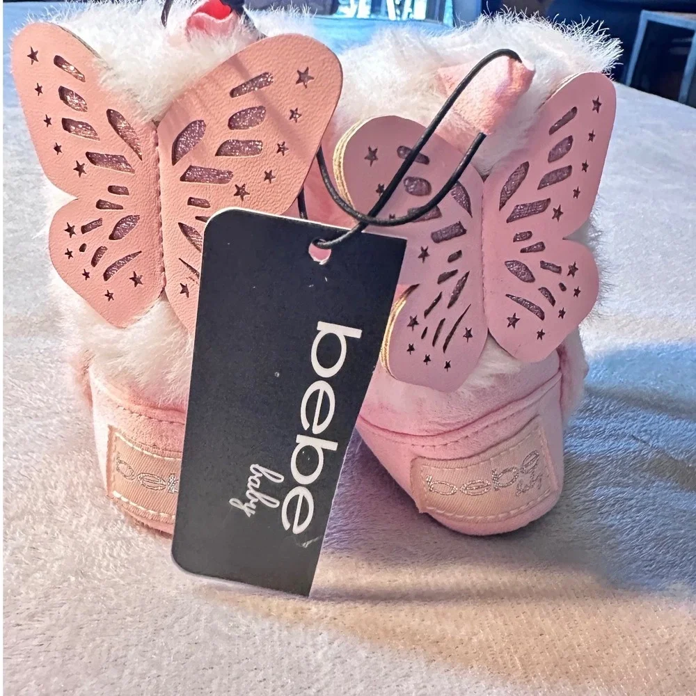 Bebe Baby Pink Glitter Butterfly Faux Fur Crib Boots BBCRF0318 Size 1